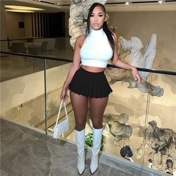 Y2K Pleated Mini Skirt High Waist A Line Stretchy Tennis Club Skater Skirt - Picture 2 of 7